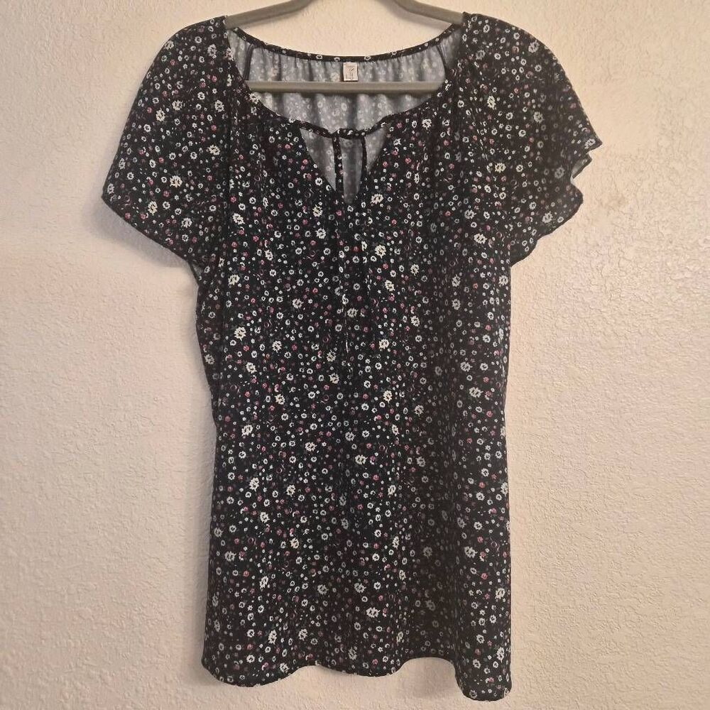 Simple Fun BOHO Flowy Blue Flower Blouse Top: Feminine Flattering Fit: Lg